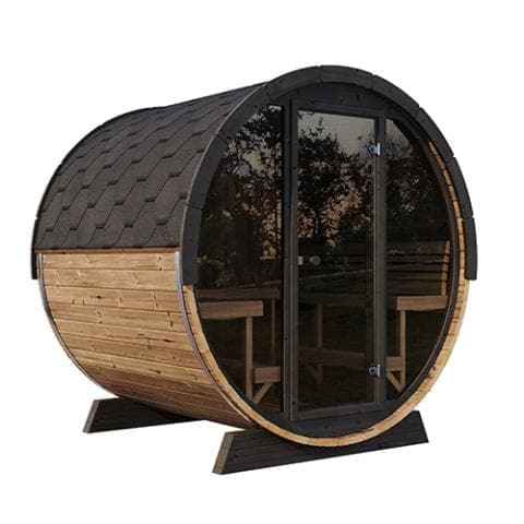 SaunaLife Model EE8G Sauna Barrel | Ergo Elegance Series Sauna Barrel 79"L x 91"D Glass Front 6-Person-Sweat Serenity